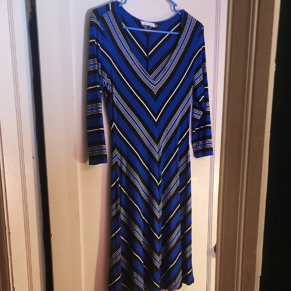 Calvin Klein Blue Black Long Sleeve V-Neck Sheath Dress
